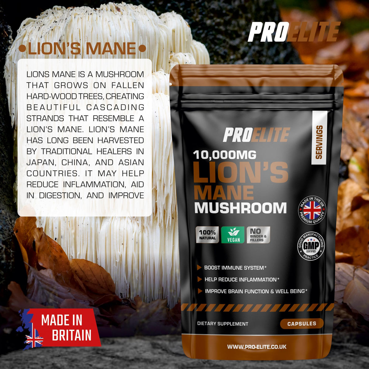 Lions Mane Mushroom Supplement 10,000mg - 120 Capsules Vegan High Strength 20:1 Extract Lions Mane Capsule Not Powder or Tablets Made in The UK by PROELITE