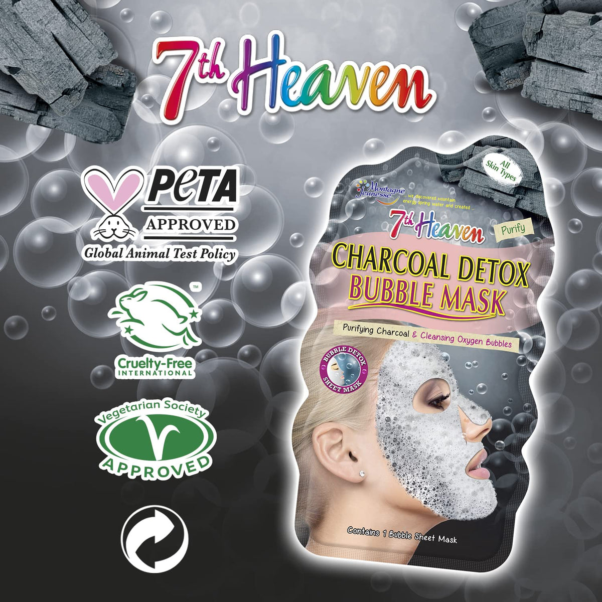 7th Heaven Charcoal Detox Bubble Sheet Mask with Purifying Charcoal, Collected Star Anise and Cleansing Oxygen Bubbles for a Brighter Complexion - Ideal for All Skin Types