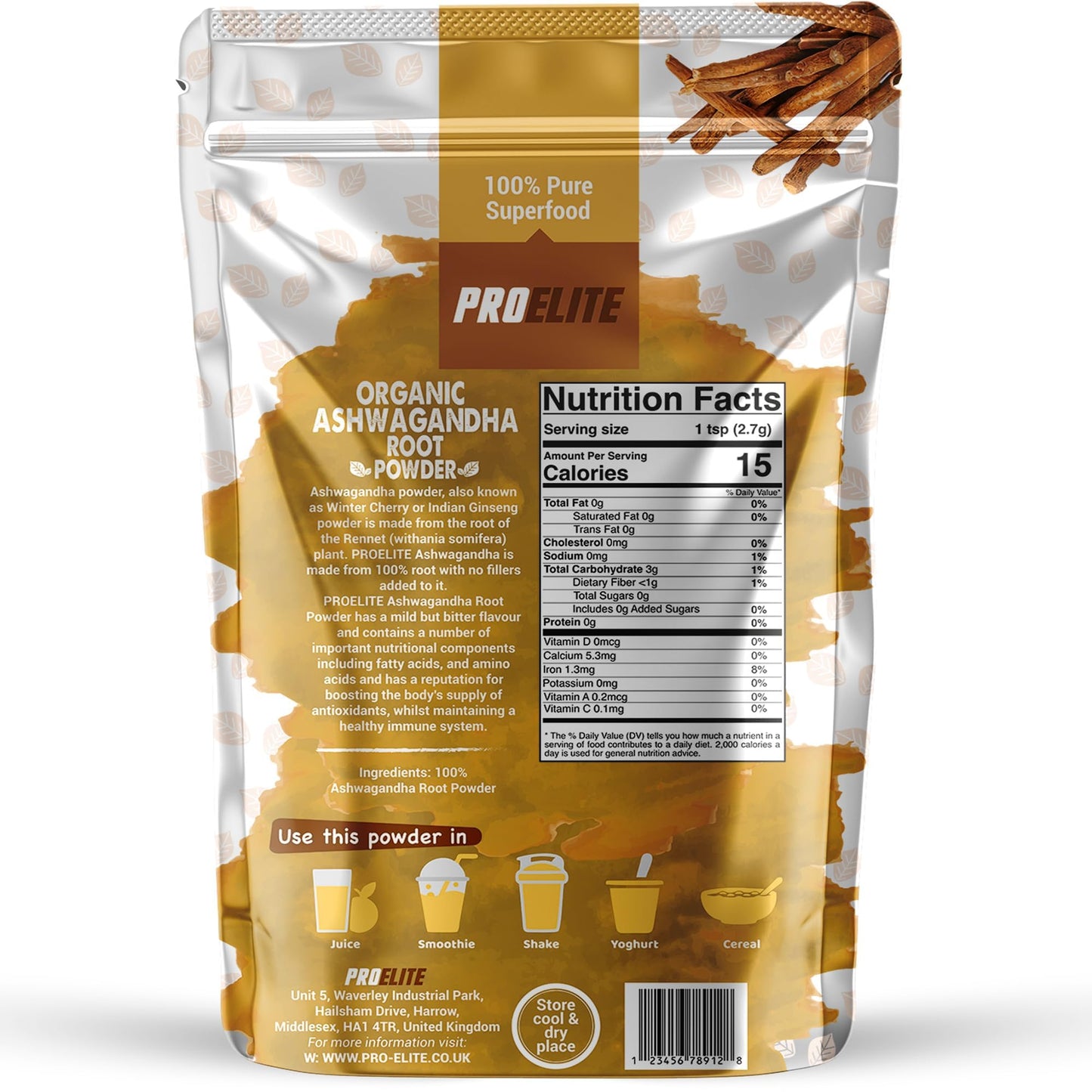 Organic Ashwagandha Powder 500g Supports Immunity | Premium Ashwagandha Root Superfood Anxiety, Stress & Fatigue Relief, Sleep Aid, Energy Increase Zero Additives Vegan Powder by PROELITE