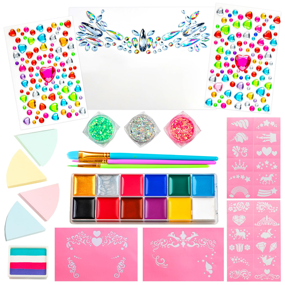 GirlZone Unicorn and Jewels Face Painting Kit, Amazing Face Paints for Children, Gems, Face Paint Brushes, and Face Paint Stencils in 1 Kids Face Paint Set to Create Childrens Face Paints