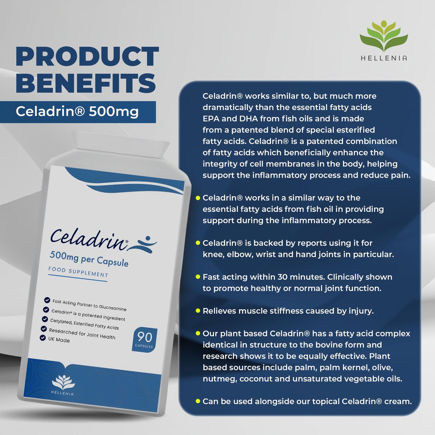 Celadrin® Capsules 500mg | Potent Joint Care Supplement | Branded Ingredient | Clinically researched for Improved Joint Function & Mobility | 90 Capsules - Vegan Friendly | Made in The UK by Hellenia