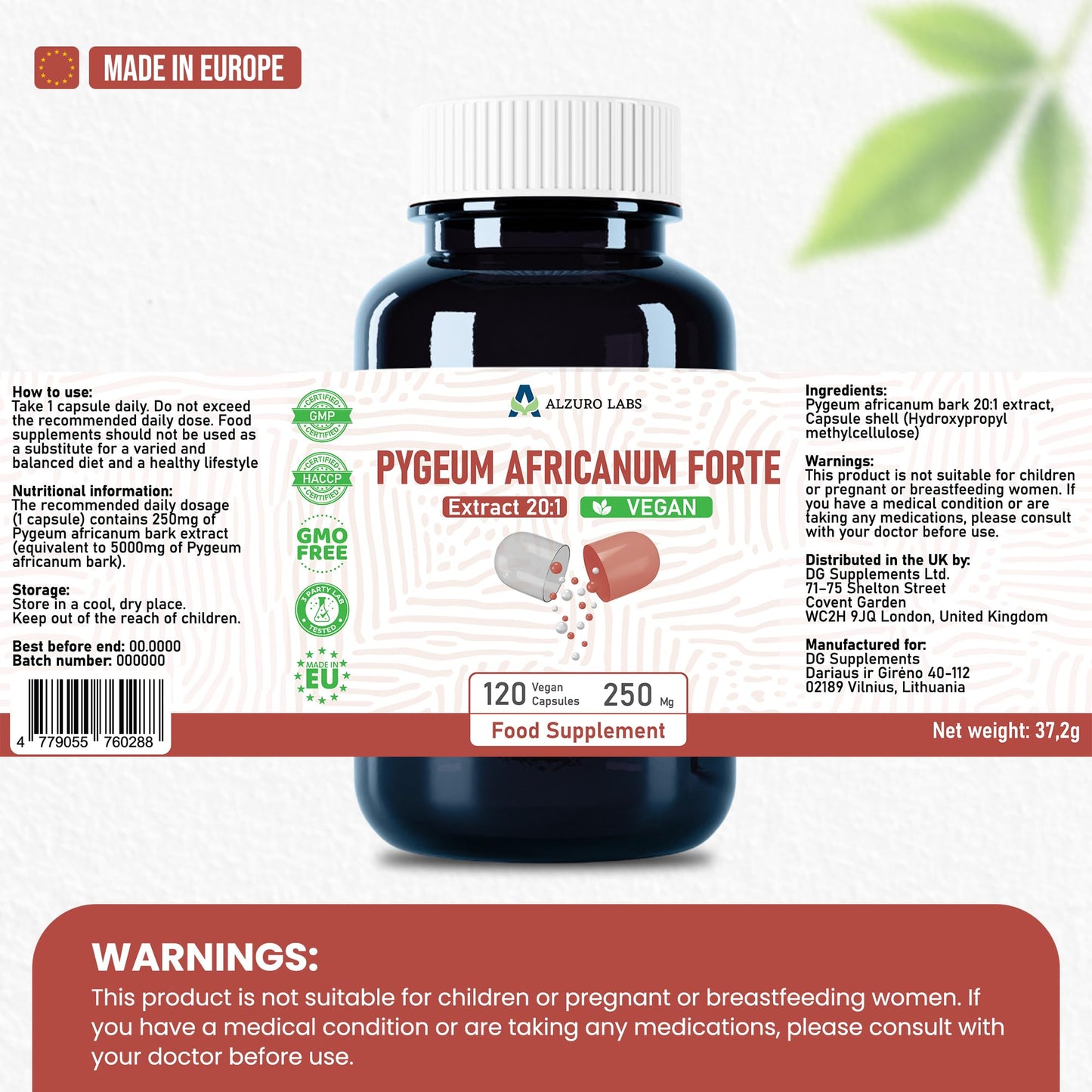 ALZURO LABS Alzuro Labs Pygeum Africanum | 5,000mg Equivalent | 250mg 20:1 Bark Extract (13% Phytosterols) | 120 Vegan Capsules | 4-Month Supply | Prunus africana | GMP & 3rd Party Lab Tested