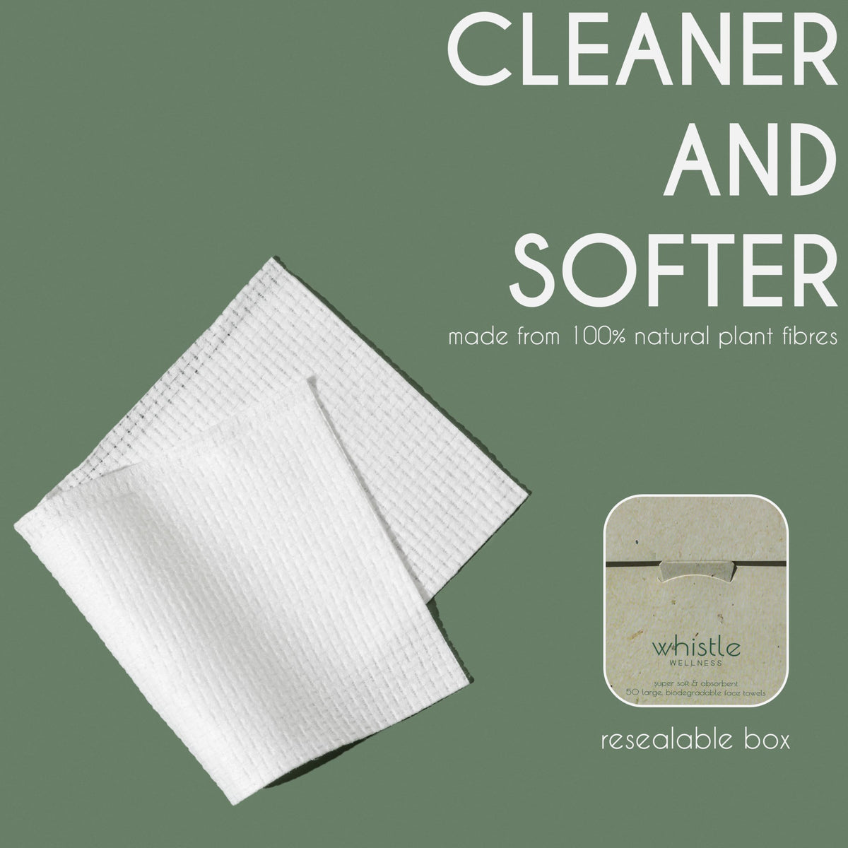 Whistle Wellness® Disposable Face Towel - Soft Biobased Super Absorbent Face Towels - 10"×12" Dry Face Wipes for Sensitive Skin - Makeup Remover Face Wipes - Resealable Box - 50 Count (1 Pack)