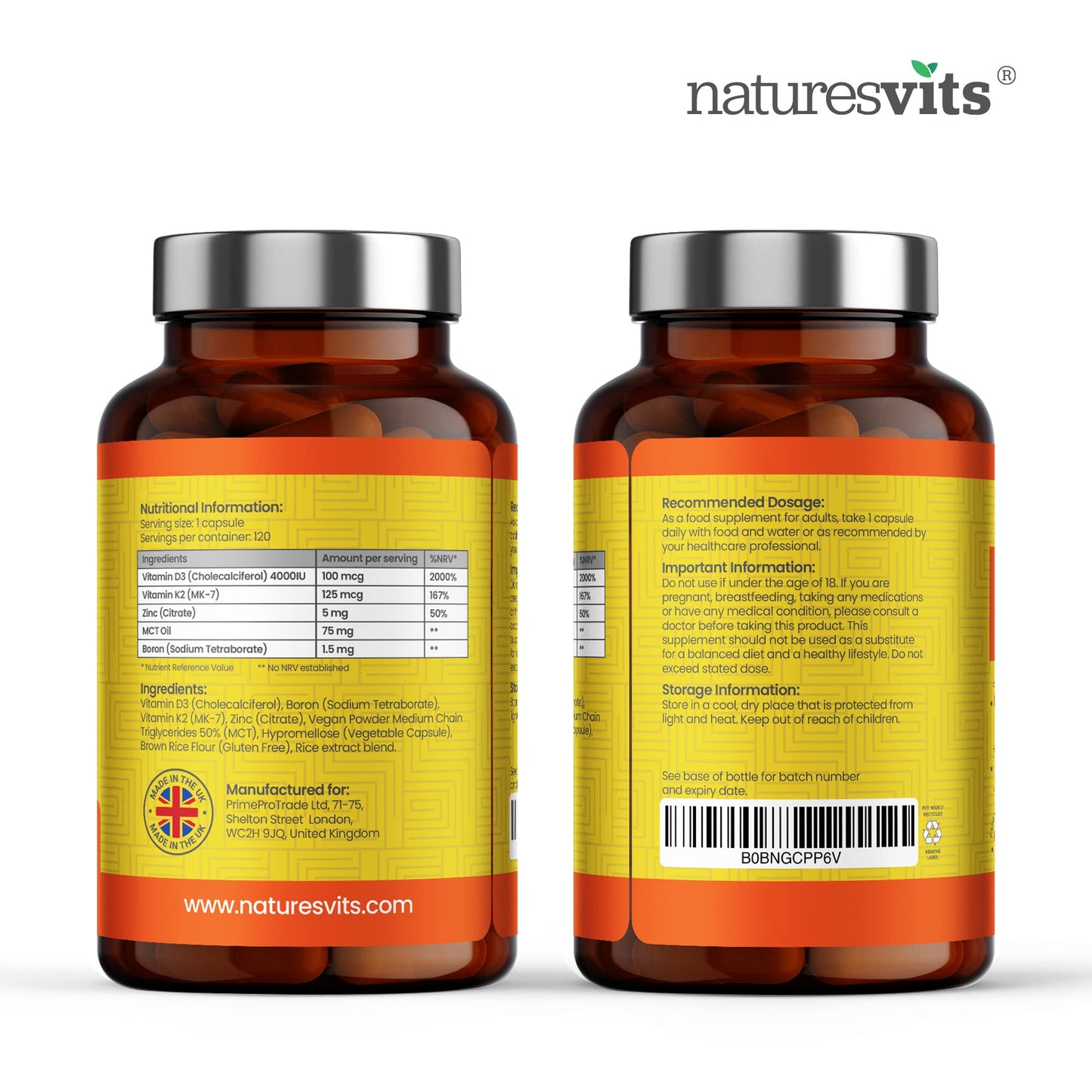 NaturesVits Vitamin D3 and K2 Bone Supplement - with Zinc, MCT Oil and Boron for Calcium Absorption for Joint Care - High Strength Natural Supplements for Women and Men