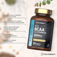 Horbäach BCAA Tablets | 4000mg BCAA per Serving | 3 Months Supply | Essential Amino Acid Supplement with Vitamin B6 | 365 Vegan Tablets | BCAA Powder and Capsules Alternative Pre Workout | by Horbaach