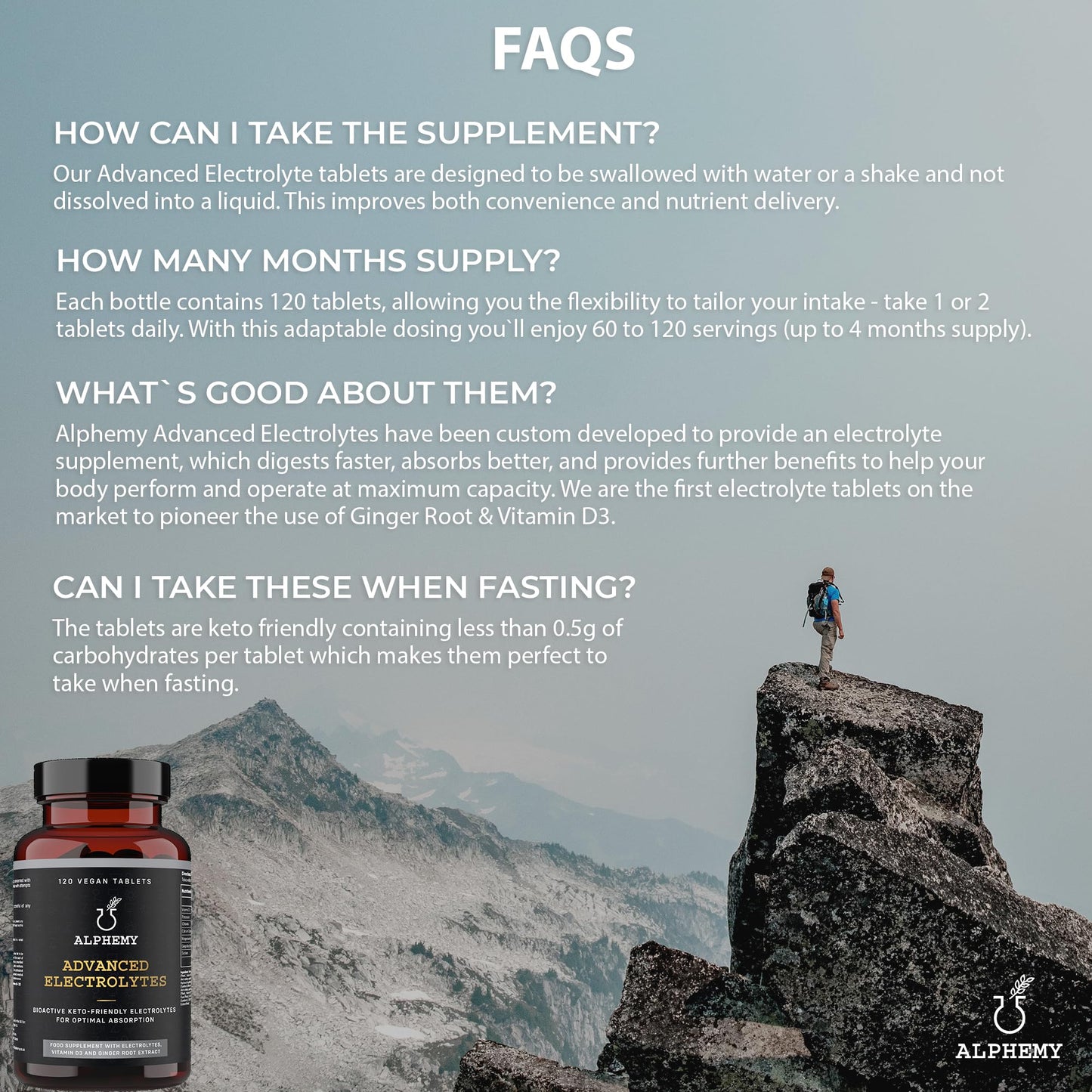 Advanced Electrolyte Complex, x120 Tablets Enhanced with Ginger Root Extract, Vitamin D3 & Magnesium. High Performance Salts for Fasting, Keto & Vegan Friendly, UK Made Alphemy