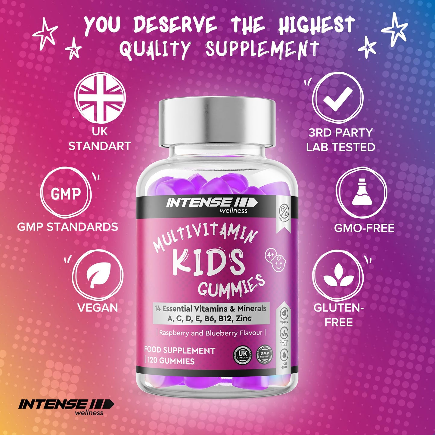 Intense Wellness INTENSE Wellness Multivitamin Gummies for Kids - Vegan Gummies with 14 Vitamins, Minerals, B6, B12 - Raspberry/Blueberry Flavour - Healthy Multi Gummies Boost Immunity, Bone Health, more - 120 Gummies