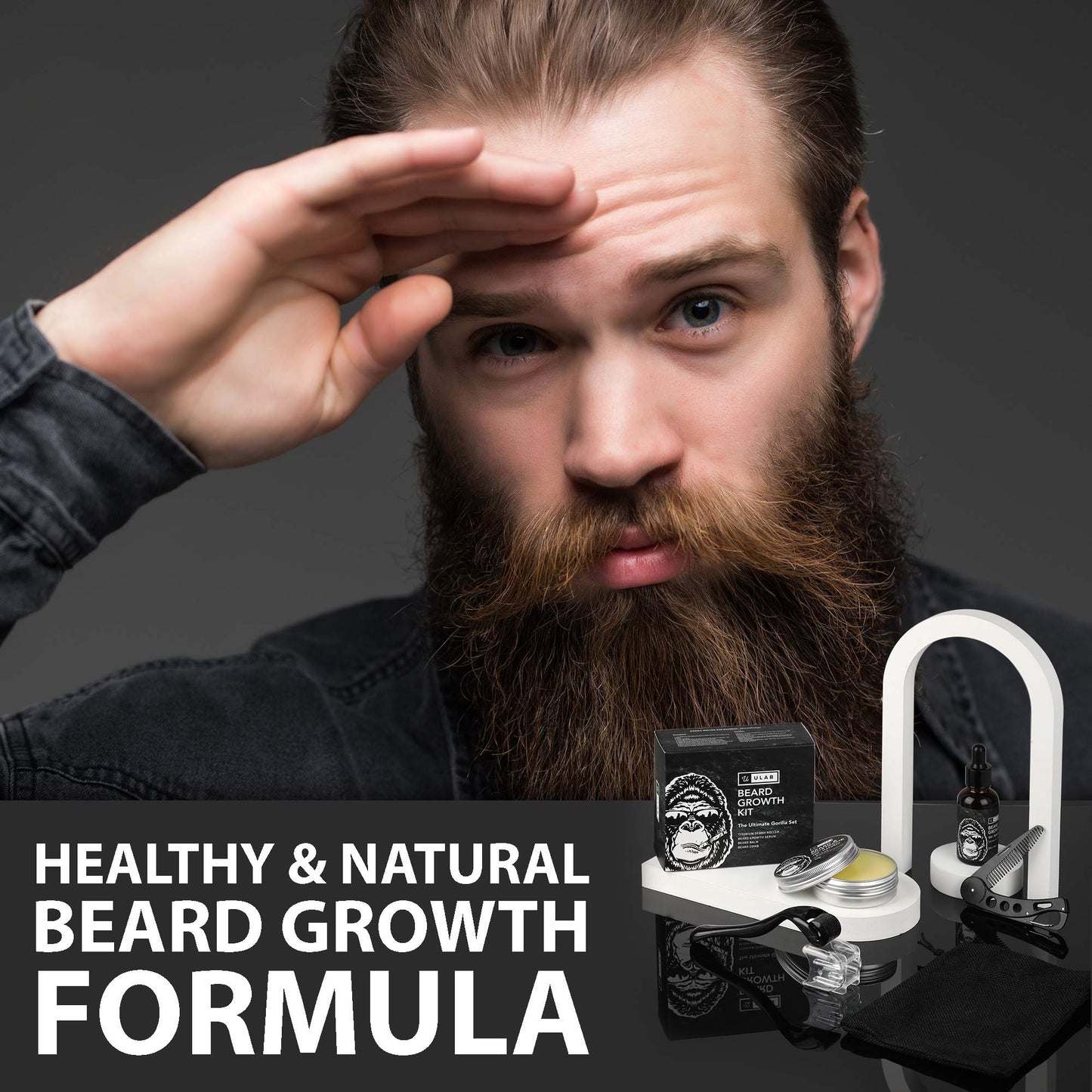 uLab Ultimate Gorilla Beard Growth Kit with Derma Roller, Beard Oil, Beard Balm and Foldable Styling Comb - Gift Set for Men For Beard Growth, Styling and Care - Contains Microneedle Titanium Roller