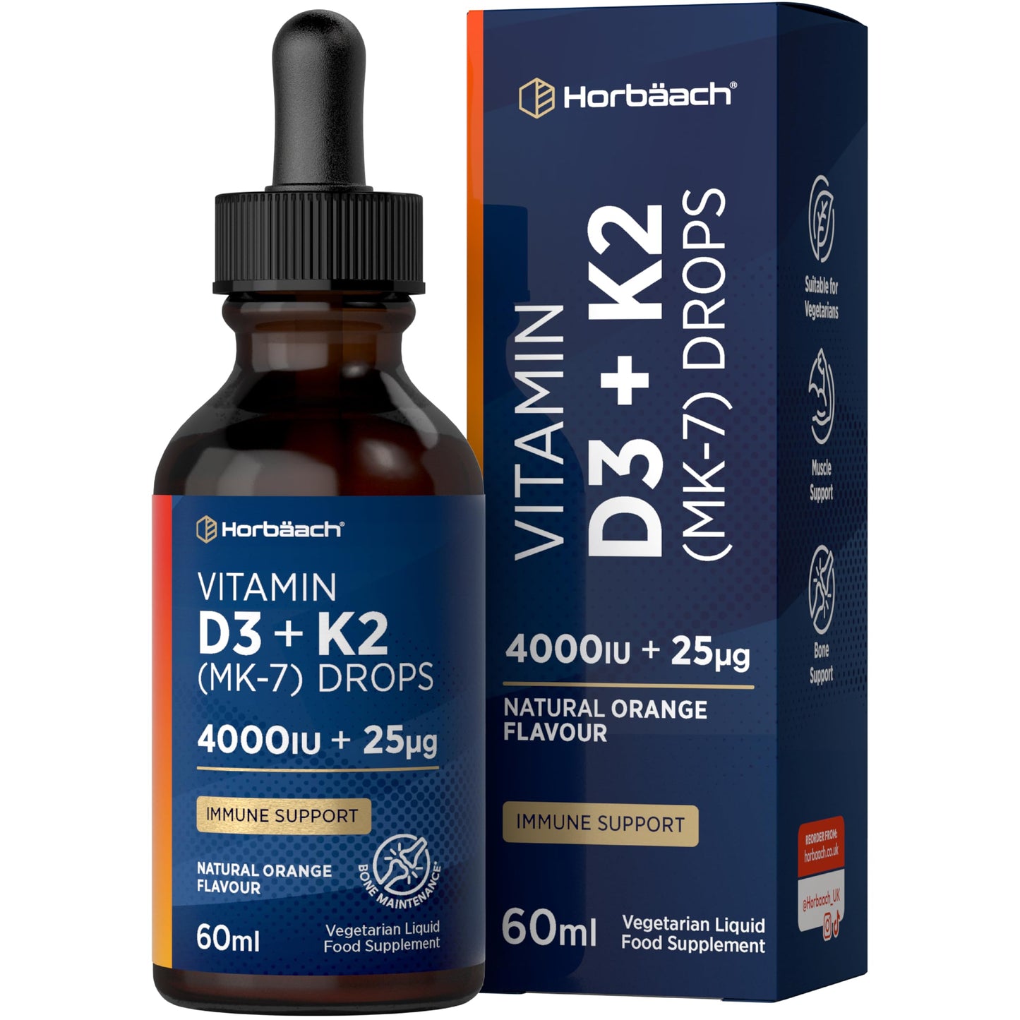Horbäach Vitamin D3 K2 Drops High Strength | 4000 IU of Vitamin D3 and 25ug of Vitamin K2 MK7 | Orange Flavoured | Suitable for Vegetarians | by Horbaach