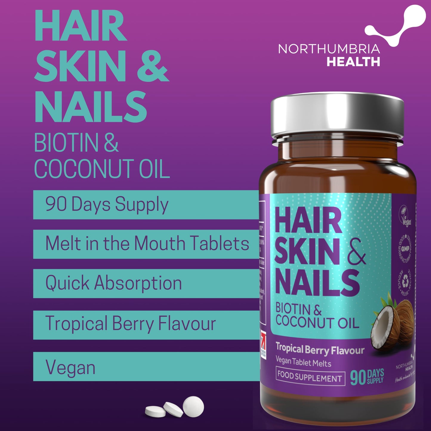 Hair, Skin & Nails - Biotin & Coconut Vegan Melts, 90 Day Supply, 10,000µg of Biotin, 5mg Coconut Oil, Hair Growth Supplement, Vitamins for Men & Women