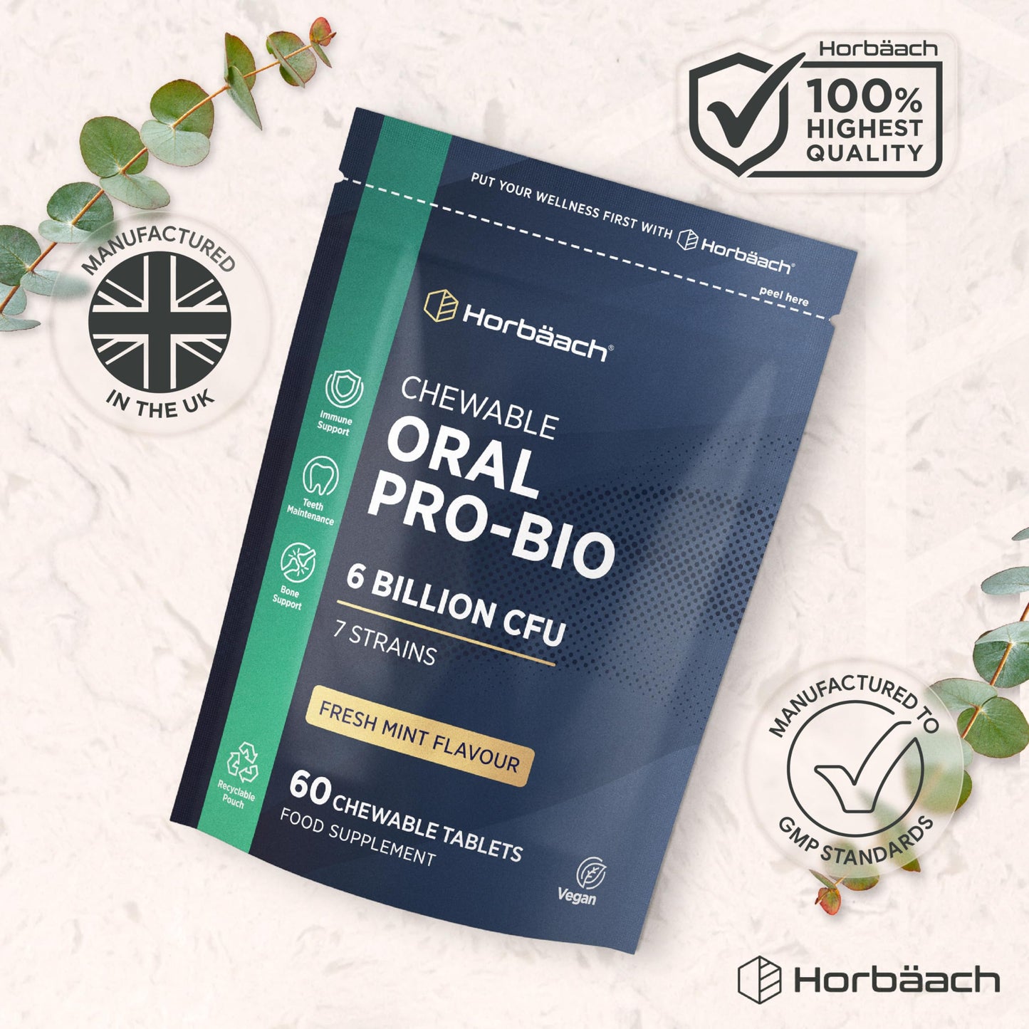 Horbäach Oral ProBio for Mouth 6 Billion CFU | Advanced Dental Biotics for Adults | 7 Strains Including Lactobacillus Reuteri | 60 Vegan Chewable Tablets | Mint Flavour | by Horbaach