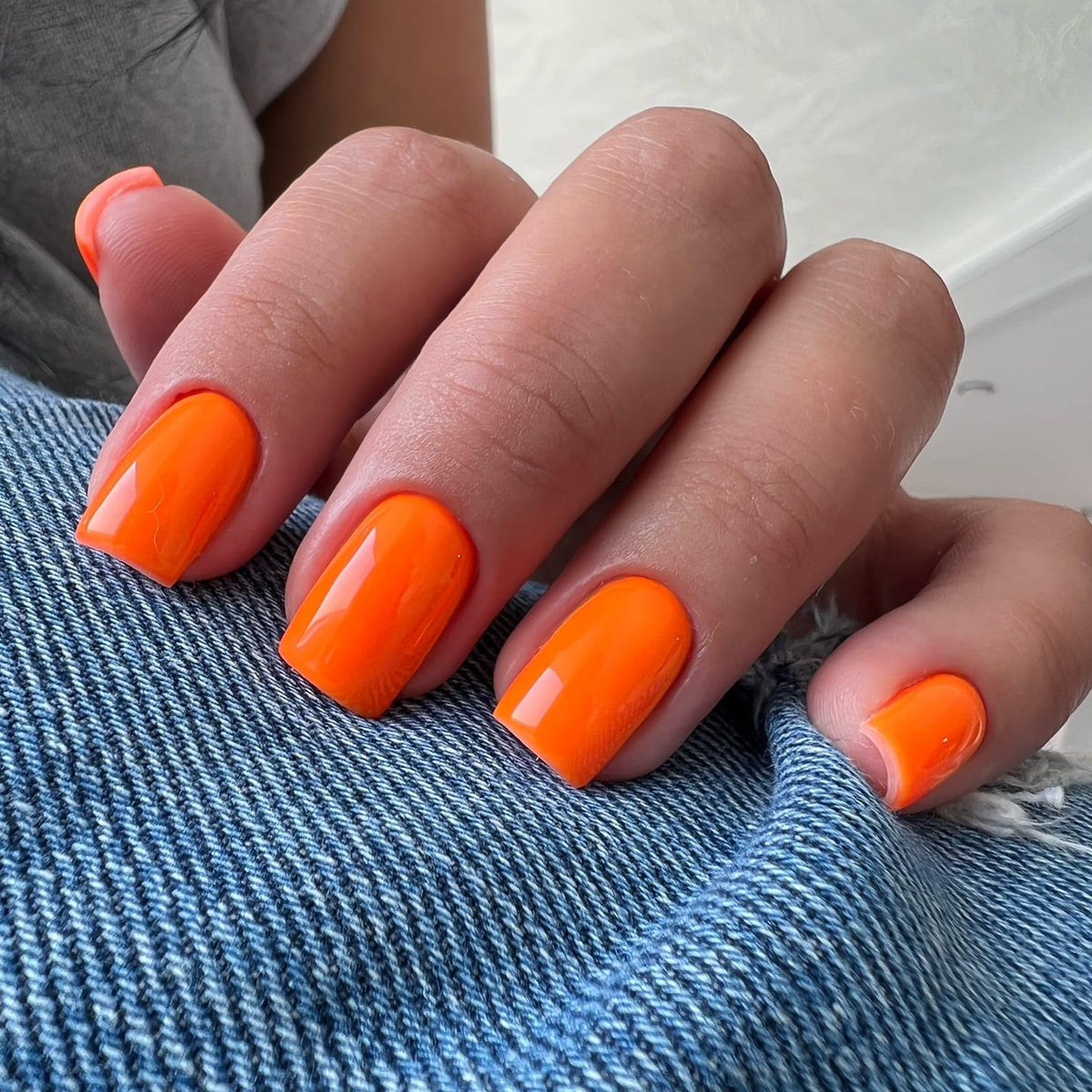 SXVME Orange False Nails Short Medium Square, Gel Press on Nails Coffin Medium Glossy Fake Nails Set Solid Color Acrylic Nail Natural Fit Reusable Stick on Nail for Women Daily Wear, in 24 Pcs