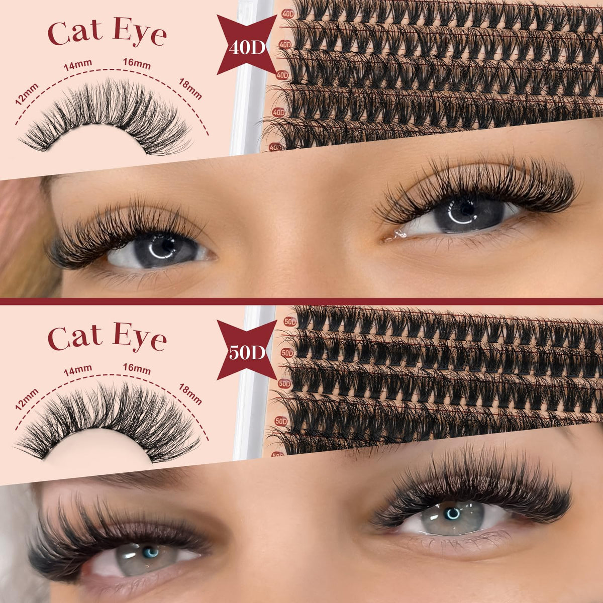 Cluster-Lashes Kit 40D+50D, Higu clace Eyelashes Individual Kit Mix 10-18mm Lashes Cluster Kit with Lash Bond and Seal and Lash Applicator, DIY Lash Extension Kit at Home (40D+50D 10-18mm)