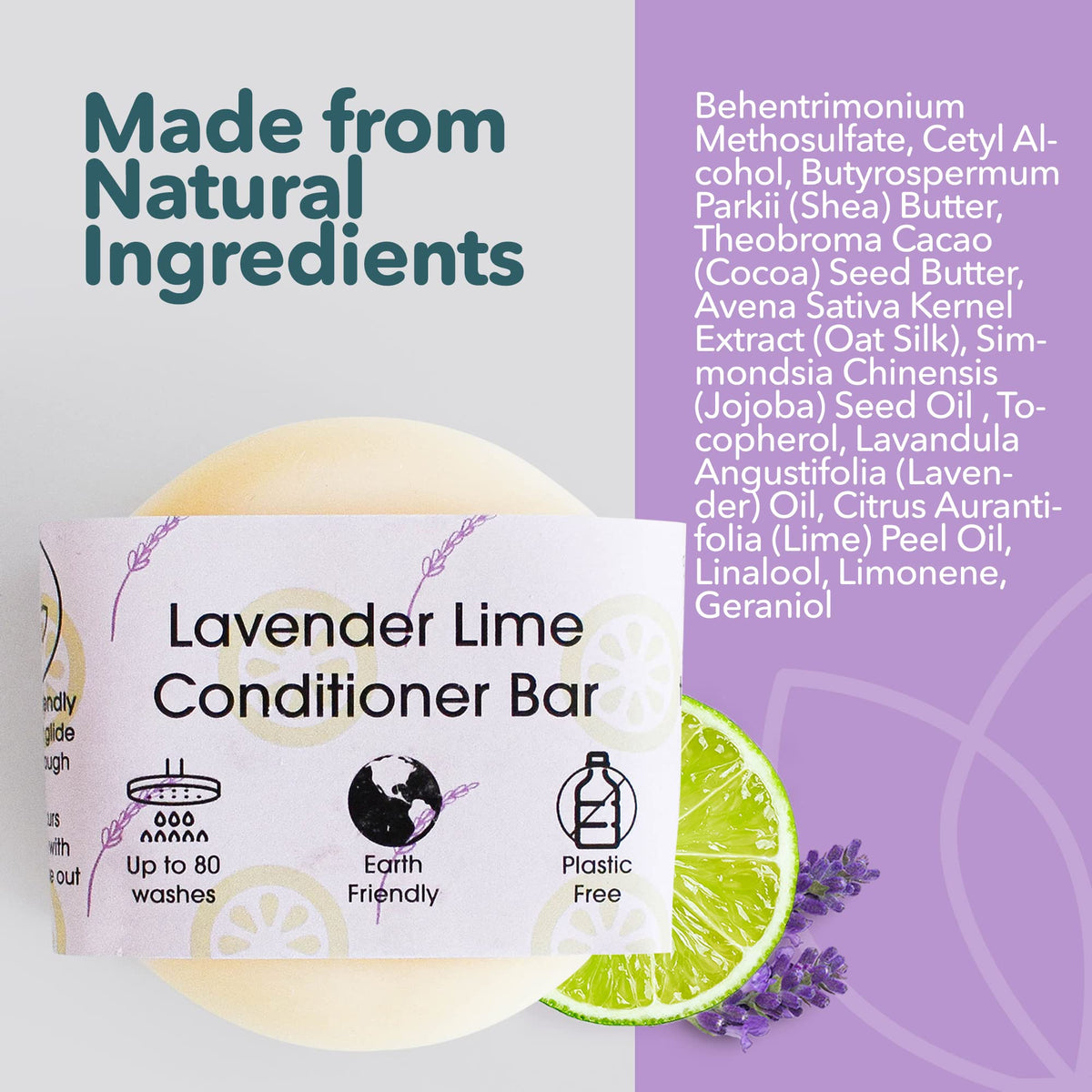 Lavender Lime Hair Conditioner Bar, Natural Hair Care Bar for Frizzy Hair, Vegan Hair Bars, Plastic-Free, No Chemicals & Preservatives, Up to 80 Washes, 60g - The Natural Spa