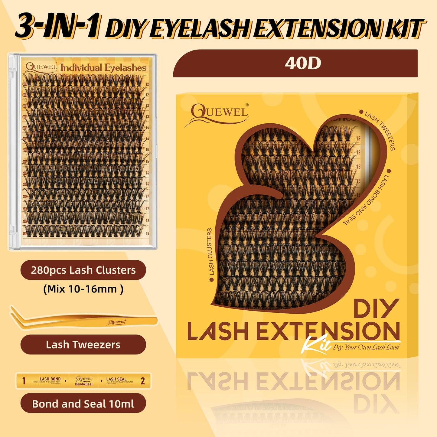 QUEWEL Individual-Eyelashes Kit 280Pcs Cluster Lashes Kit, DIY Lash Extension D Curl Lashes Individual Cluster with Lash Bond and Seal and Lash Tweezers (DJ-40D KIT)