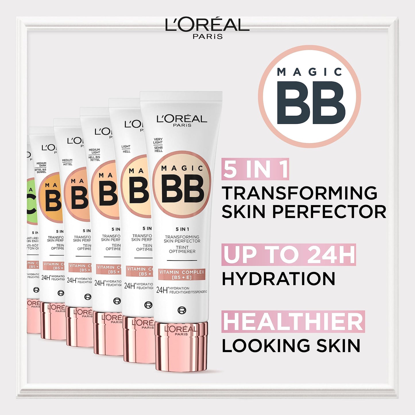 L'Oréal Paris Magic BB Cream with SPF 20, 5-in-1 Tint with Vitamin B5 and Vitamin E, Lightweight Hydrating Formula Adapts to Skin Tone for a Natural Glowy Finish, 30 ml, Shade: 02 Light