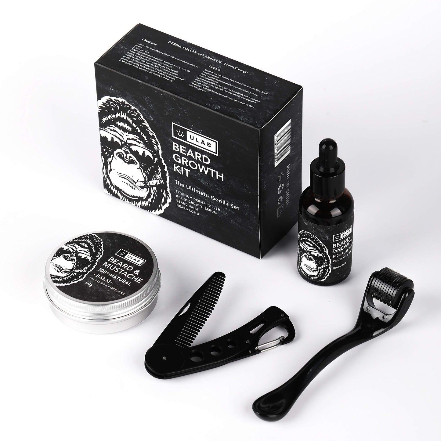 uLab Ultimate Gorilla Beard Growth Kit with Derma Roller, Beard Oil, Beard Balm and Foldable Styling Comb - Gift Set for Men For Beard Growth, Styling and Care - Contains Microneedle Titanium Roller