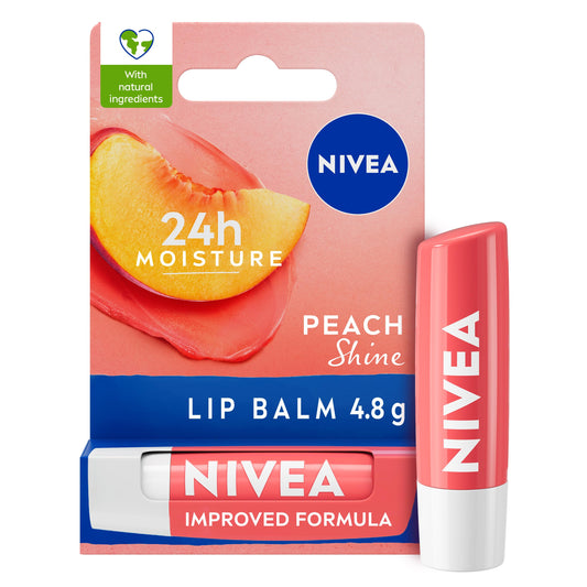 NIVEA Peach Shine Lip Balm (4.8g), Flavoured Lip Balm with Shea Butter, Natural Oils and Vitamins, Provides 24h Moisture and a Coral Shine, Vegan Lip Care Formula