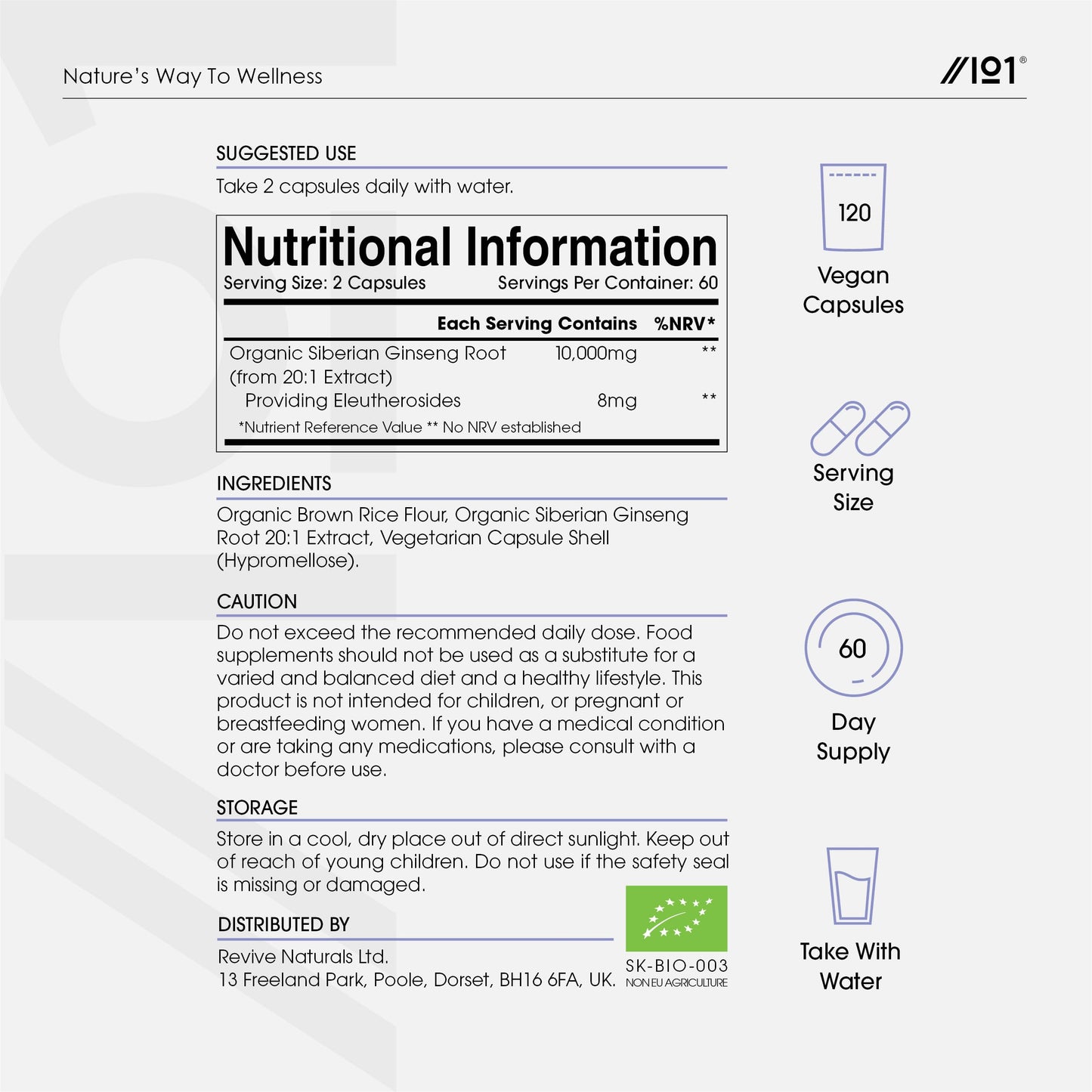 ALPHA01 Organic Siberian Ginseng 10,000mg - High Strength Eleutherococcus Senticosus 15:1 Extract - 120 Vegan Capsules – Resealable and Recyclable Pouch by Alpha01