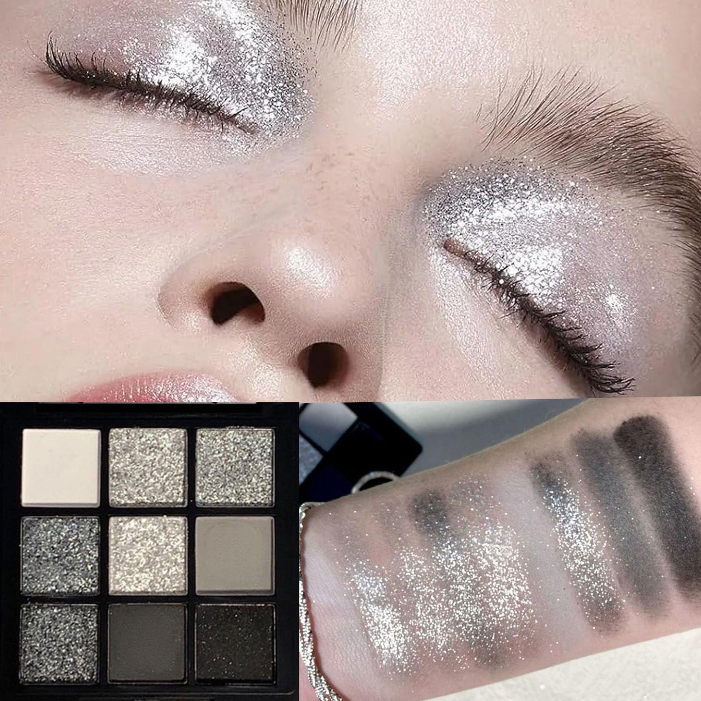 QUIWEN Black Eyeshadow Palette, Smokey Silver Glitter Eyeshadow Palette, Highly Pigmented White Grey Cold Toned Eye Shadows Pallets for Women, Long Lasting Waterproof Eye Shadows Make Up Palettes