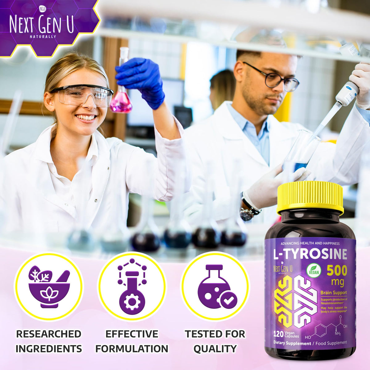NGU Next Gen U L Tyrosine - 500 mg, 120 Vegan Capsules - Health Dietary and Food Supplement - Mood Support for Adults, Women and Men - Helps Support Healthy Brain Functions - by NextGenU