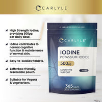 Iodine Tablets 500mcg | 365 Vegan Tablets - 1 Year Supply | High Strength Potassium Iodide Supplement | Trace Mineral | Carlyle