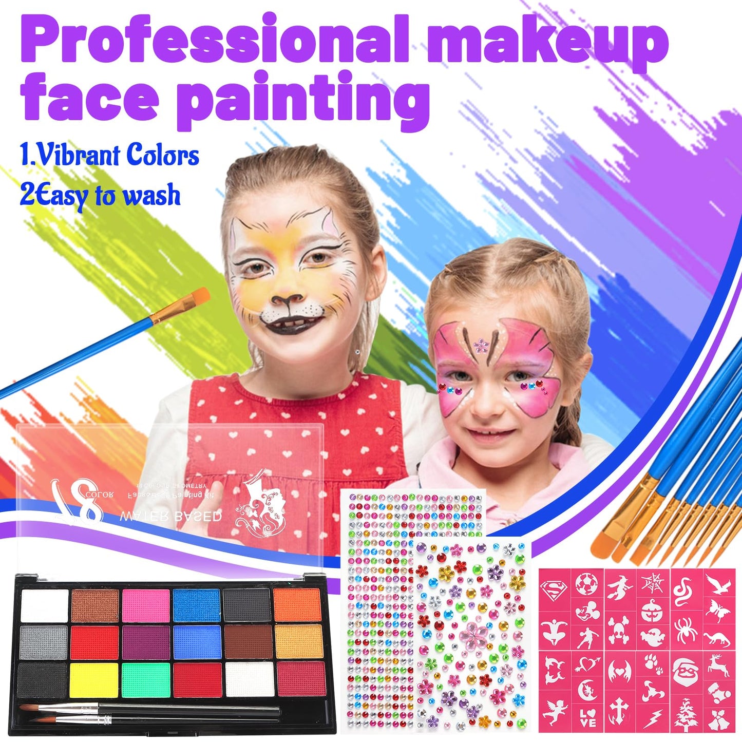 Zefphxs Face Painting Kit, 18 Colors Face Body Paint with 12 Pcs Paint Brushes 30 Stencils and 2 Gem Stickers, Safe & Non-Toxic Washable Face Paints for Children Adults Halloween Christmas Party