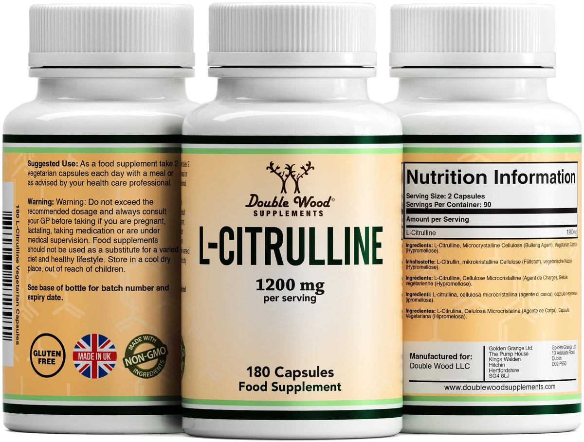 Double Wood Supplements Double Wood L Citrulline | 180 L-Citrulline Capsules - 1200mg L Citrulline per Serving | 90 Servings | Nitric Oxide Supplement | Promotes Cardiovascular and Muscle Health | Non-GMO | UK Manufactured