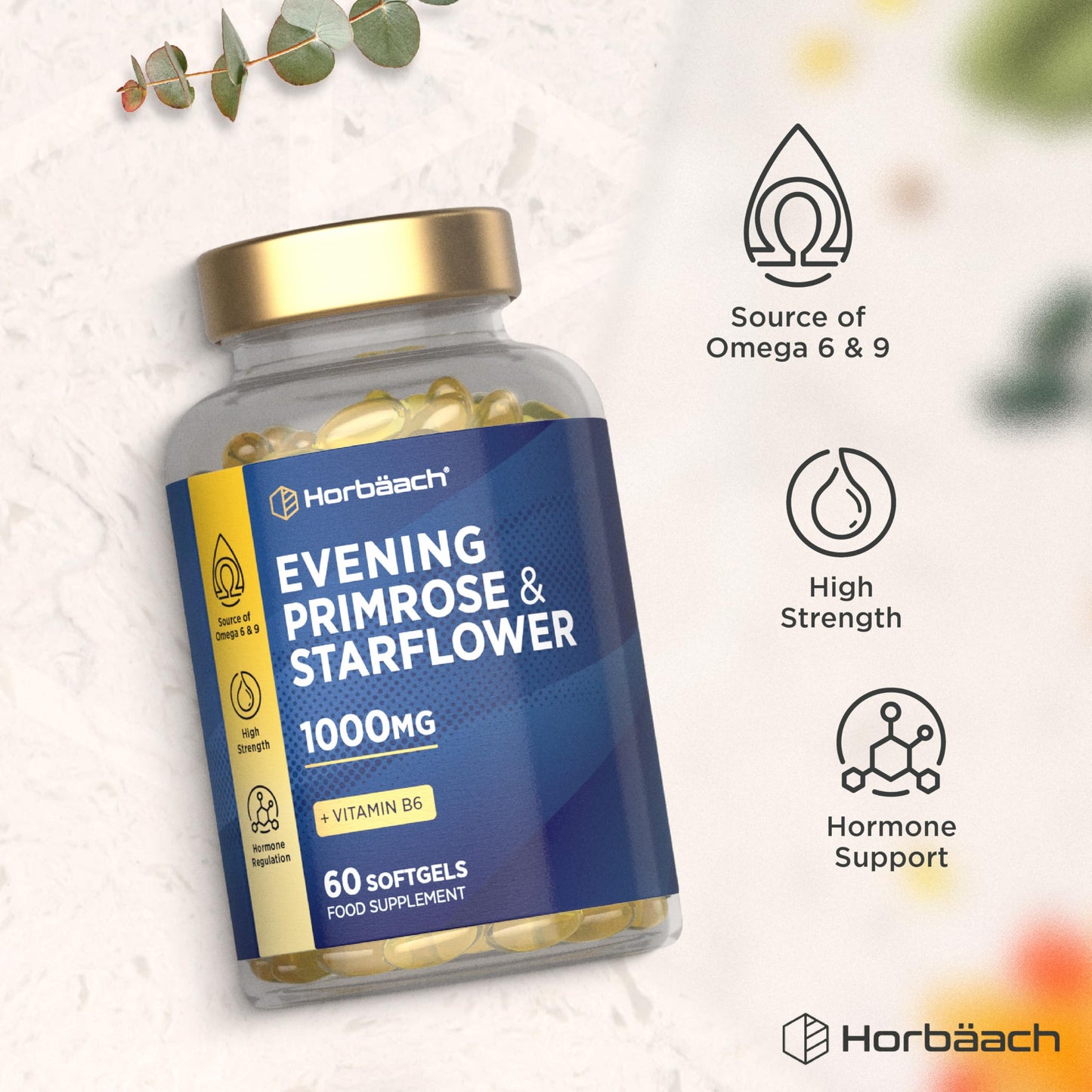Horbäach Evening Primrose and Starflower Oil Capsules 1000mg | with Vitamin B6 | 60 Softgels | Rich Source of Omega 6 GLA & 9 Oleic Fatty Acids | by Horbaach