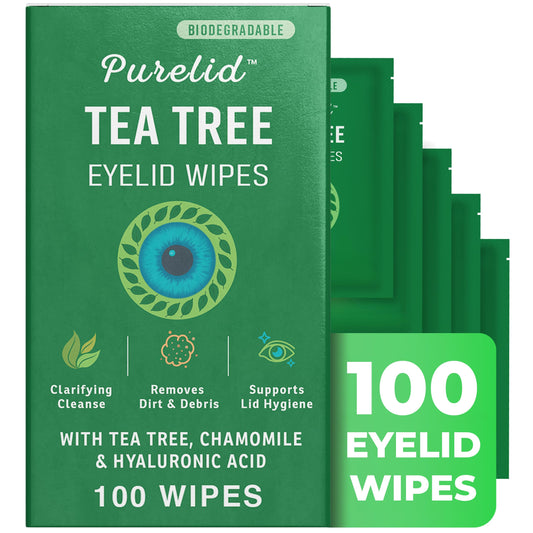 PURELID Tea Tree Eyelid Wipes – 100 Tea Tree Oil Eye Wipes for People with Dry Eyes & Allergies – Gentle Eyelid Cleanser with Hyaluronic Acid – Individually Wrapped & Biodegradable