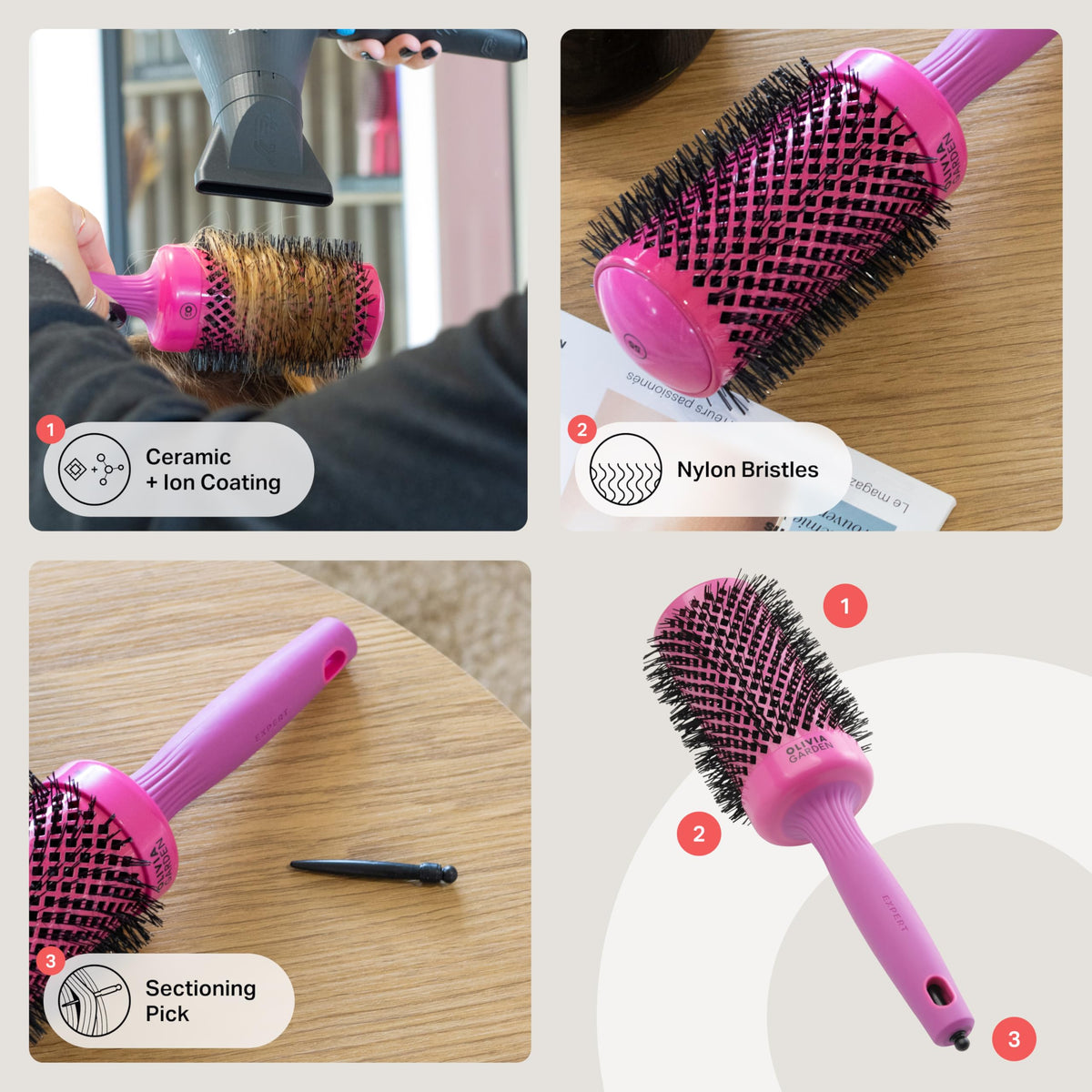 Olivia Garden Expert Blowout Shine – Pink - 55 - Ceramic Coated Round Brush for Smooth Blowout, Frizz-Free Hair & Radiant Shine