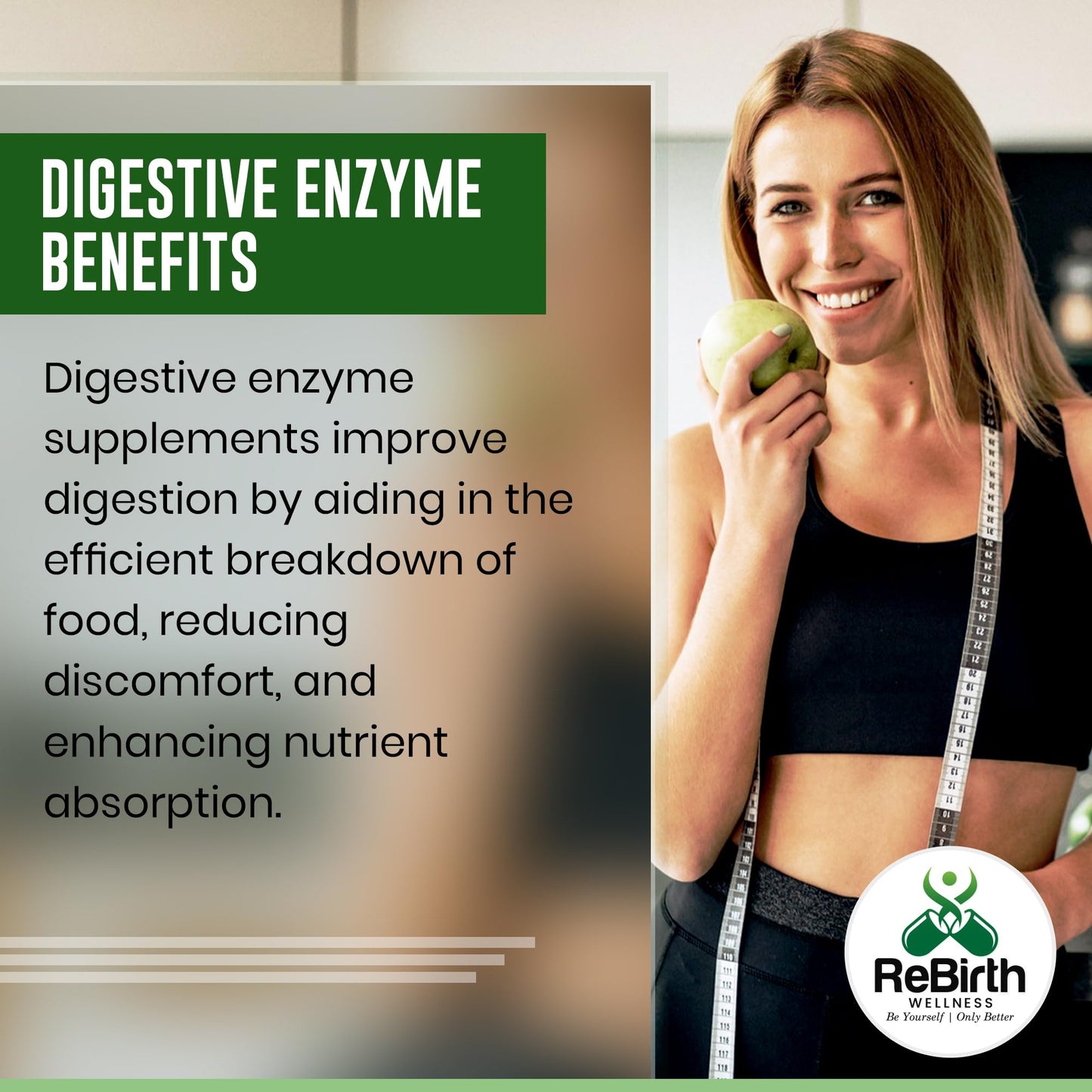 REBIRTH WELLNESS BE YOURSELF | ONLY BETTER Digestive Enzyme Supplements - 120 Tablets for Optimal Gut Health - Contains DigeZyme, Lactase, Protease - Promotes Healthy Digestion, Essential Digestive Enzymes - UK Made, Vegan