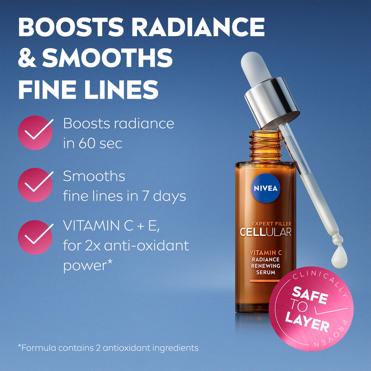NIVEA Cellular Expert Filler Vitamin C Radiance Renewing Serum (30ml), Anti-Ageing Vitamin C Serum to Smooth Fine Lines and Wrinkles, Face Serum that Protects Against Sun Damage and Pollution