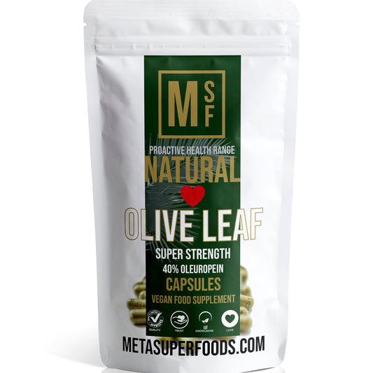 MetaSuperfoods Olive Leaf | 60 Capsules | Super Strength | OLEUROPEIN 40% | (1000mg per Capsule Equivalent to 10,000mg) | Vegan | NO FILLERS NO Binders | Non GMO | Made in UK 100% Olive Leaf (60)