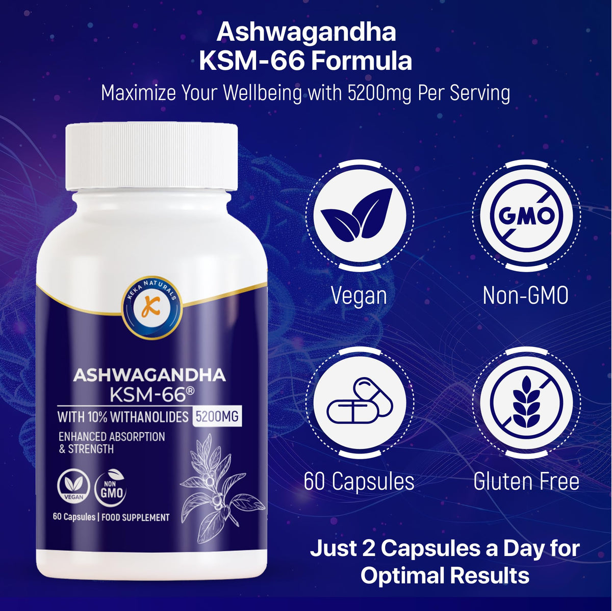 Keka Naturals Ashwagandha KSM-66-5200mg - 10% Withanolides - Enhanced Absorption and High Strength - All Natural, Non-GMO - 60 Vegan Capsules