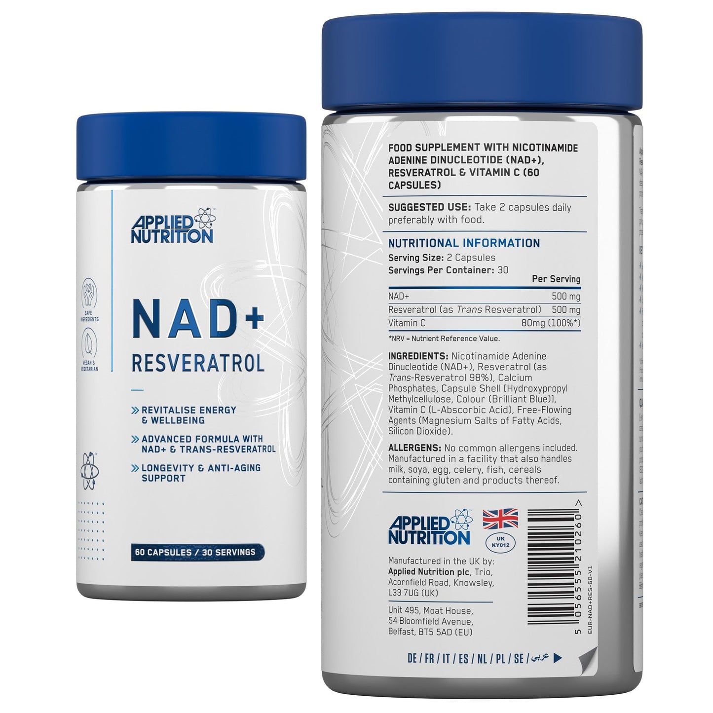 Applied Nutrition NAD+ Resveratrol 500mg per Serving with Vitamin C, Cellular Health, Energy and Healthy Aging Support, Antioxidant Supplement, 60 Capsules (30 Servings)