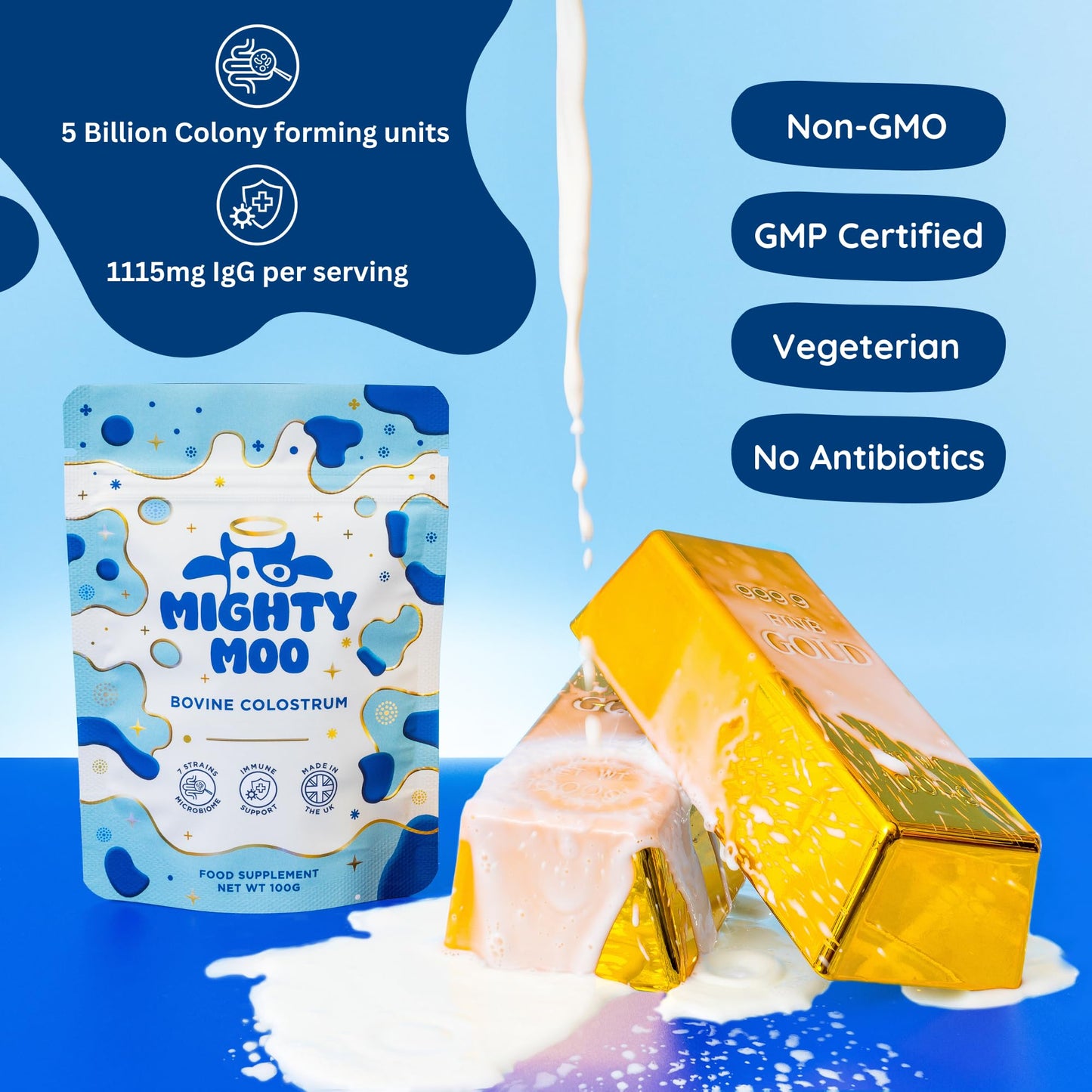 Bovine Colostrum Powder Supplement with Probiotics for Gut Health, Immune Support & Bloating, Highest 40% IgG Unflavoured, 30 Servings 100g.