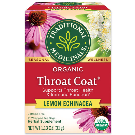 Traditional Medicinals Organic Throat Coat Lemon Echinacea Herbal Tea, Supports Throat Health, (Pack of 1) - 16 Tea Bags