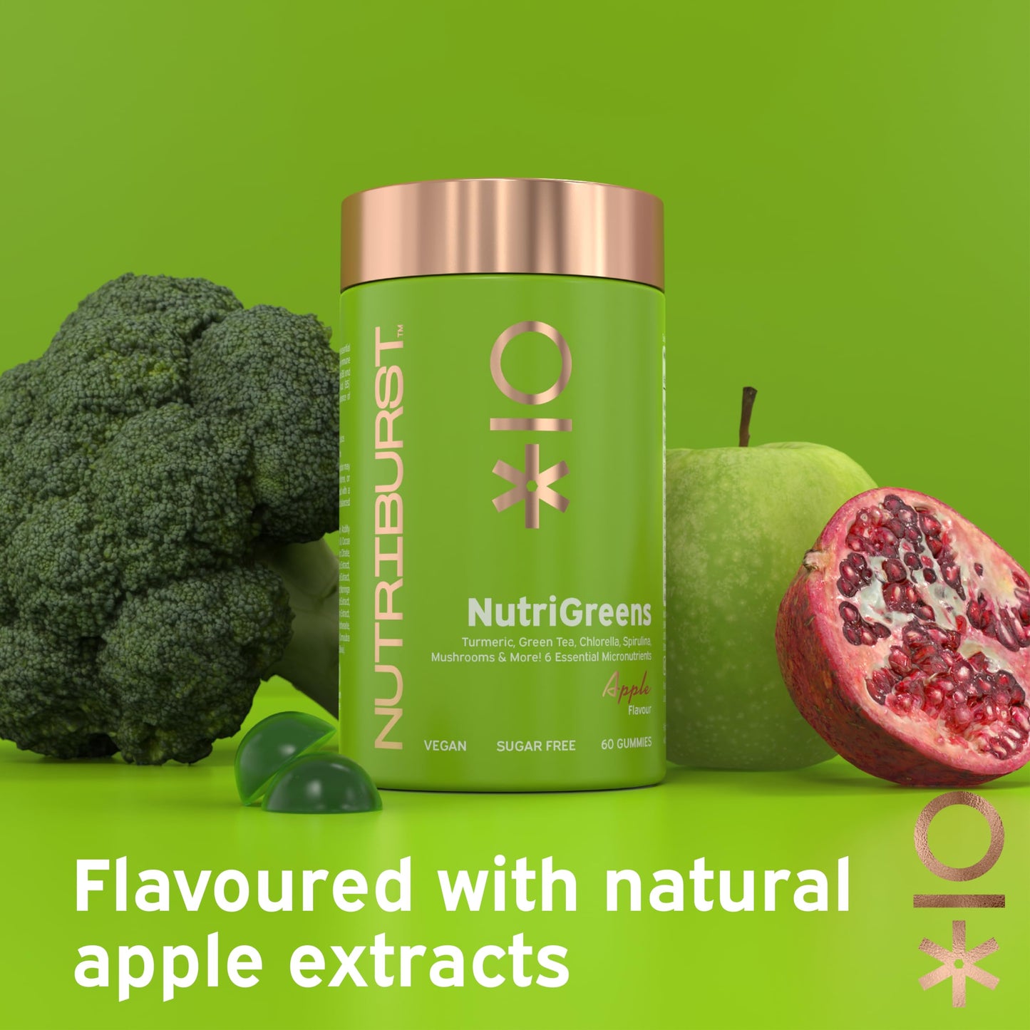 Nutriburst - NutriGreens - 22 Fruits + Vegetables + Herbs + Mushrooms + Live Bacteria Cultures - Boosted with Vitamins: Zinc, VIT C, D3, B5, B6, B12-60 Gummies 1 Month Supply - Suitable for Vegans