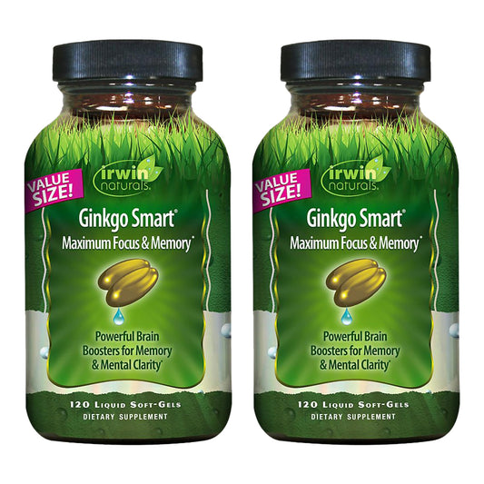 Irwin Naturals Ginkgo Smart Powerful Nootropic Brain Booster - Supports Maximum Memory, Focus & Mental Clarity with DMAE, Clubmoss, Choline & Acetyl L-Carnitine - 120 Liquid Softgels Twin Pack