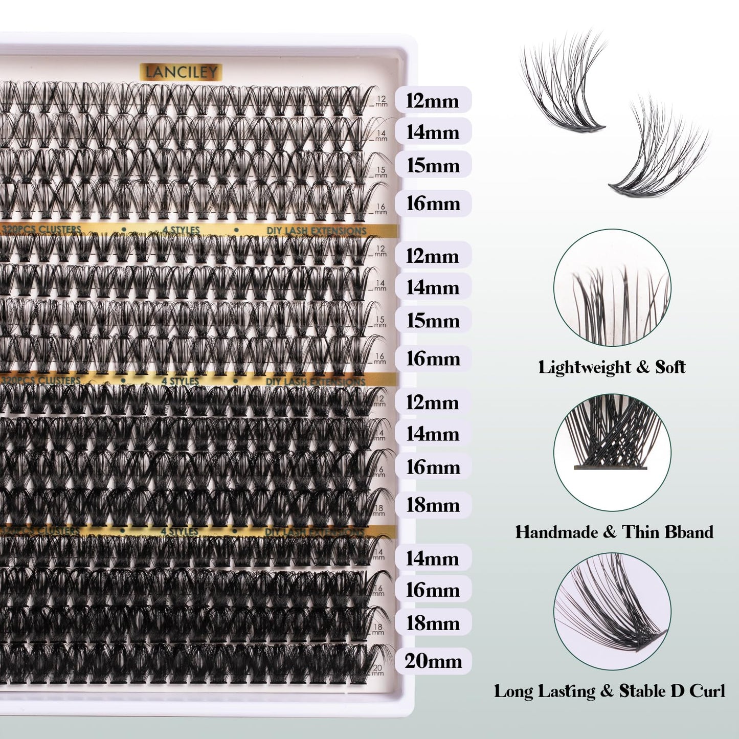 Lanciley Cluster Lashes 320PCS Volume Individual Eyelashes 30D+40D+80D+100D Lash Extension Kit 12-20MM Natural Lash Clusters DIY Eyelash Extension Kit with Lash Bond and Seal Lash Tweezers-30+40+80+100D
