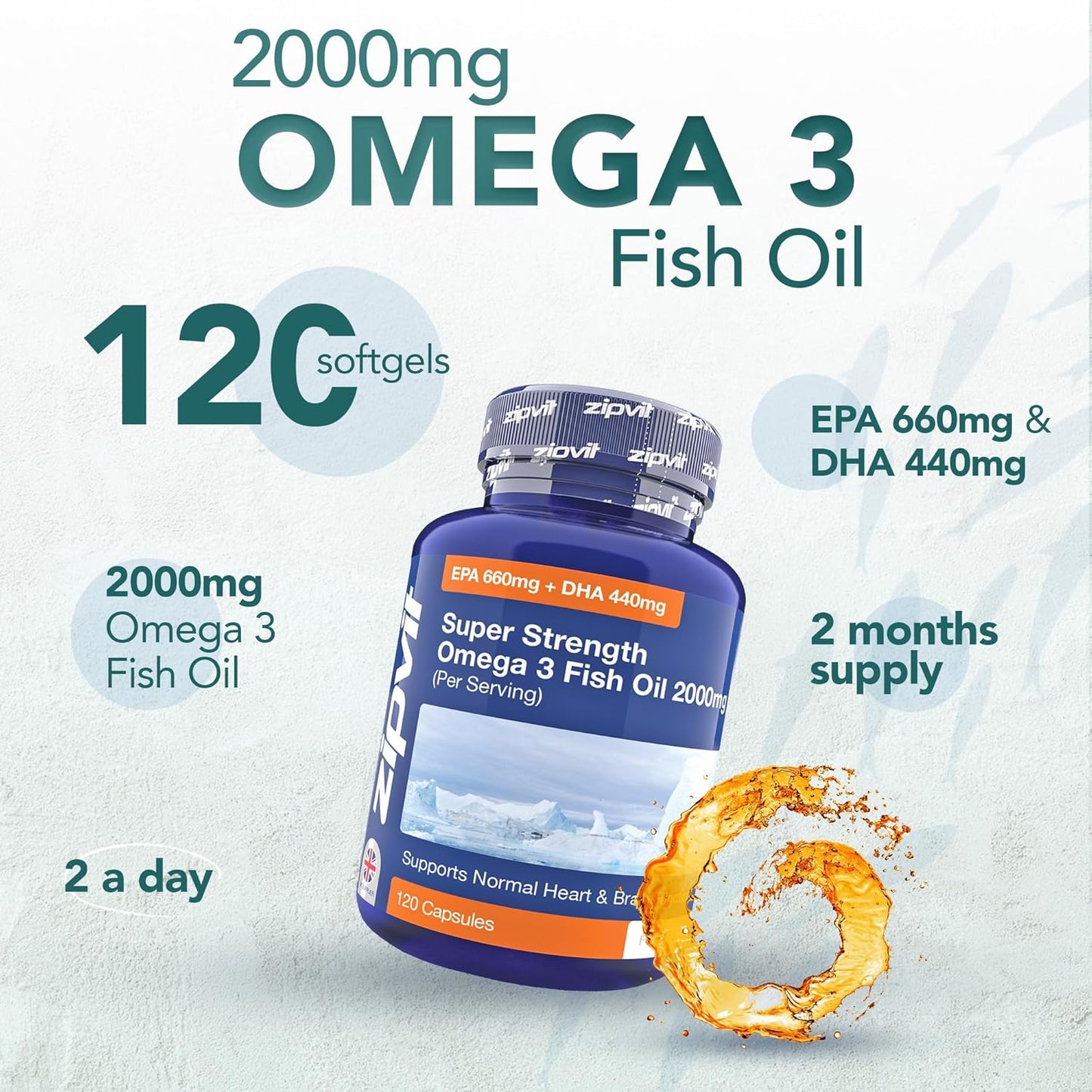 Zipvit Omega 3 Fish Oil 2000mg, EPA 660mg DHA 440mg per Daily Serving. 120 Capsules (2 Months Supply). Supports Heart, Brain Function and Eye Health. 2 Capsules Per Serving