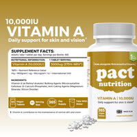 Pact Nutrition Vitamin A 10,000 IU – 365 Easy to Swallow Tablets (1 Year Supply) - High Strength Vitamin A Supplement for Normal Skin, Vision, Eyes & Immune System – Vegan