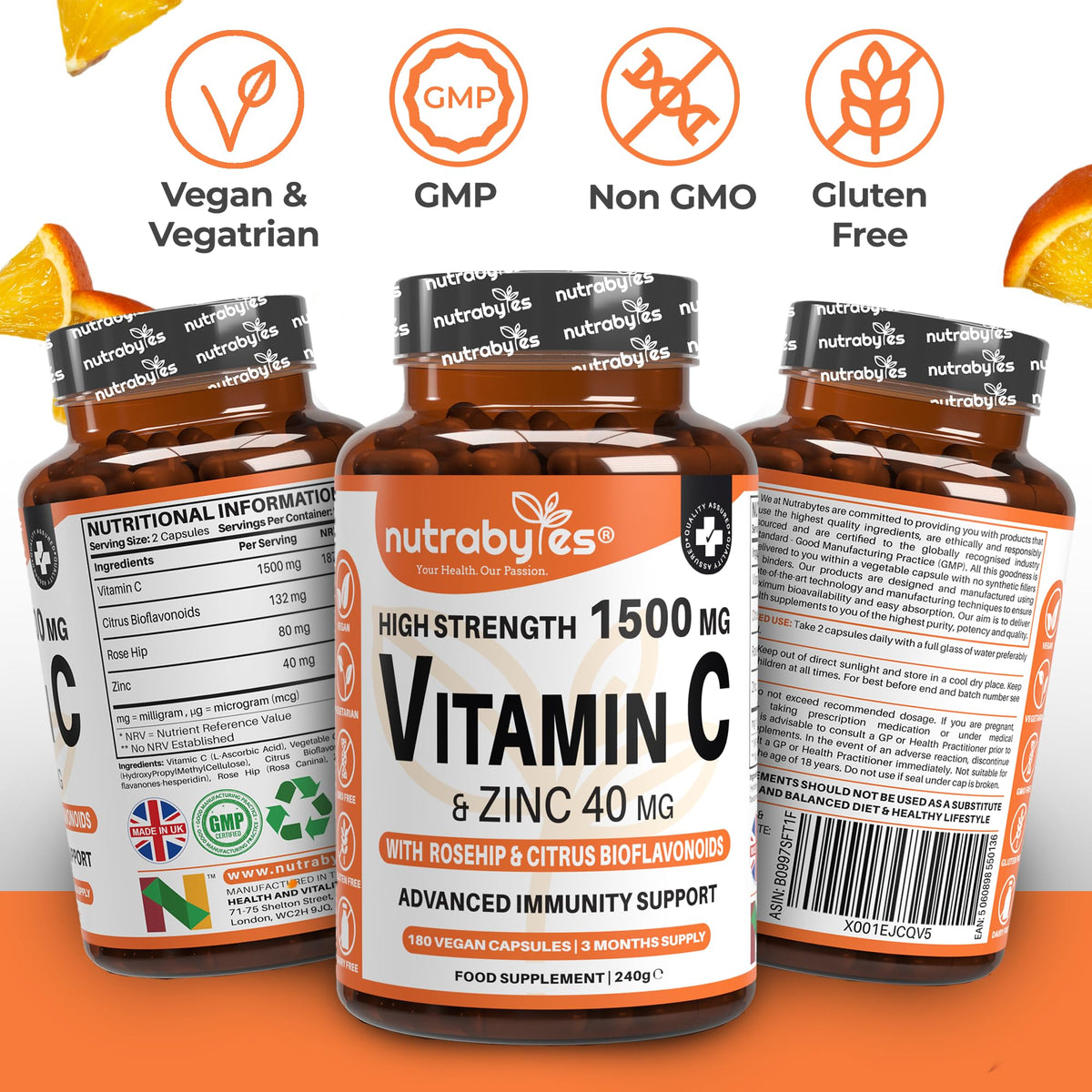 NUTRABYTES Nutrabytes High Strength 1,500mg Vitamin C & 40mg Zinc Supplement, 180 Capsules | Advanced Immune Support with Zinc, Rosehip & Citrus Bioflavonoids | 3 Months | Vegan Capsules | UK Made