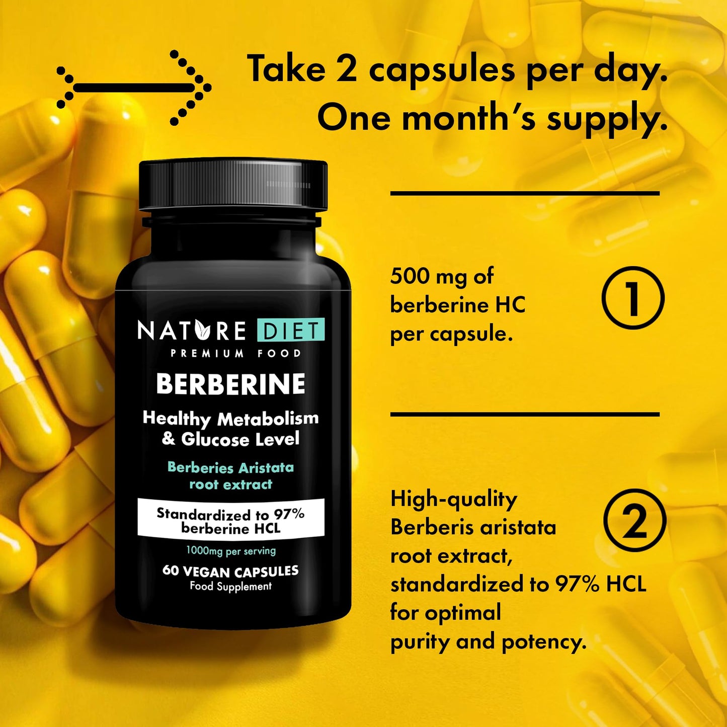 Nature Diet Berberine - 1000mg Berberine HCL per Serving - 60 Vegan Capsules - Supports Metabolism & Glucose Levels