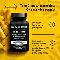 Nature Diet Berberine - 1000mg Berberine HCL per Serving - 60 Vegan Capsules - Supports Metabolism & Glucose Levels