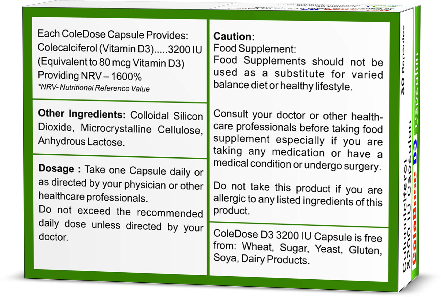 Vitamin D 3200 IU –Equivalent to 80 mcg - ColeDose D3, Premium Vitamin - 30 Capsules- One a Day