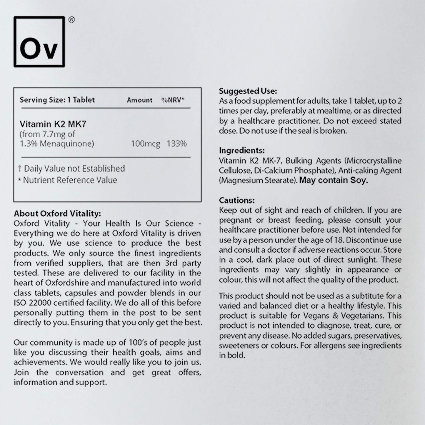 Ov OXFORD VITALITY Vitamin K2 (Mk-7) Tablets | 100 mcg | 500 Tablets | Oxford Vitality UK