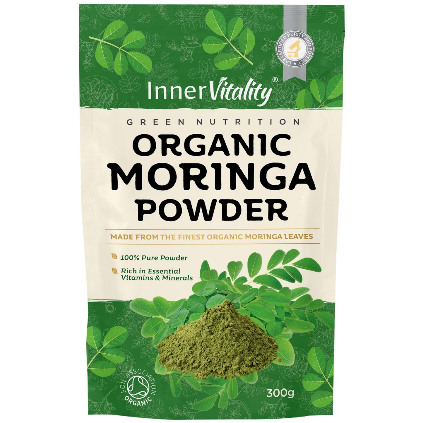 Organic Moringa Powder, Premium Certified Organic Pure Moringa 300g. Rich in Essential Vitamins & Minerals by Inner Vitality