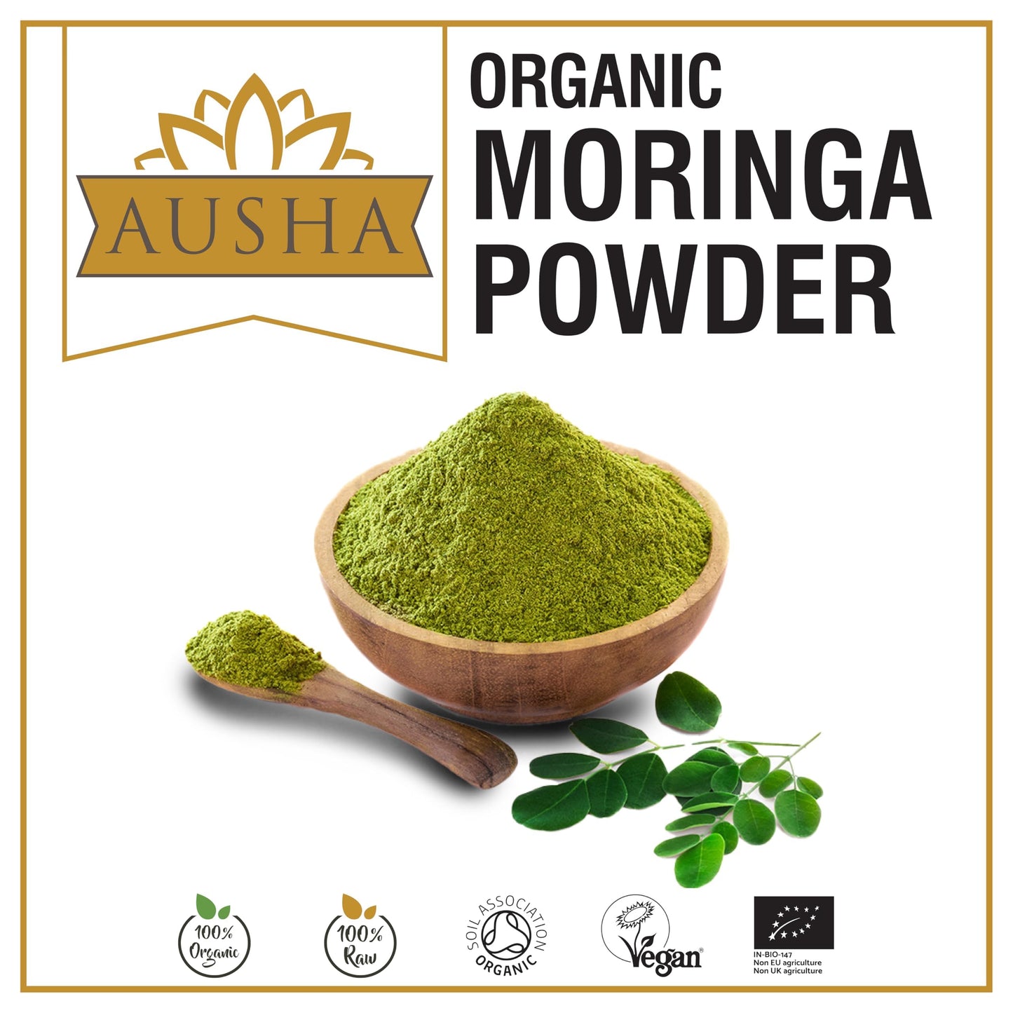 AUSHA Ausha Organic Moringa Powder 100 g - UK Certified Organic by Soil Association - Oleifera Leaf - Source of Protein, Amino Acids, Antioxidants, Dietary Fibre, Vitamins & Minerals